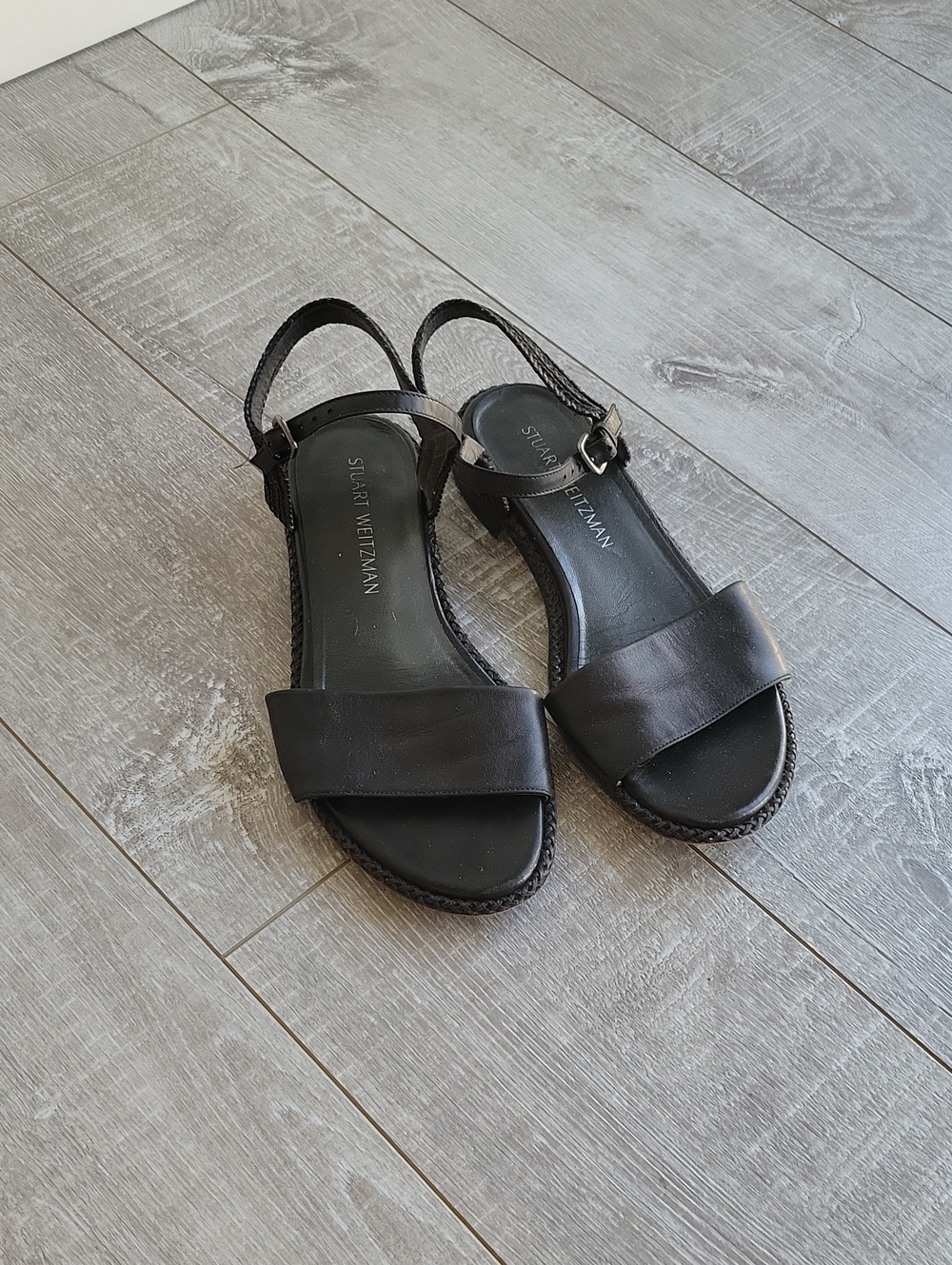 Stuart Weitzman Black Leather Slingback Sandals with Wide Toe Strap